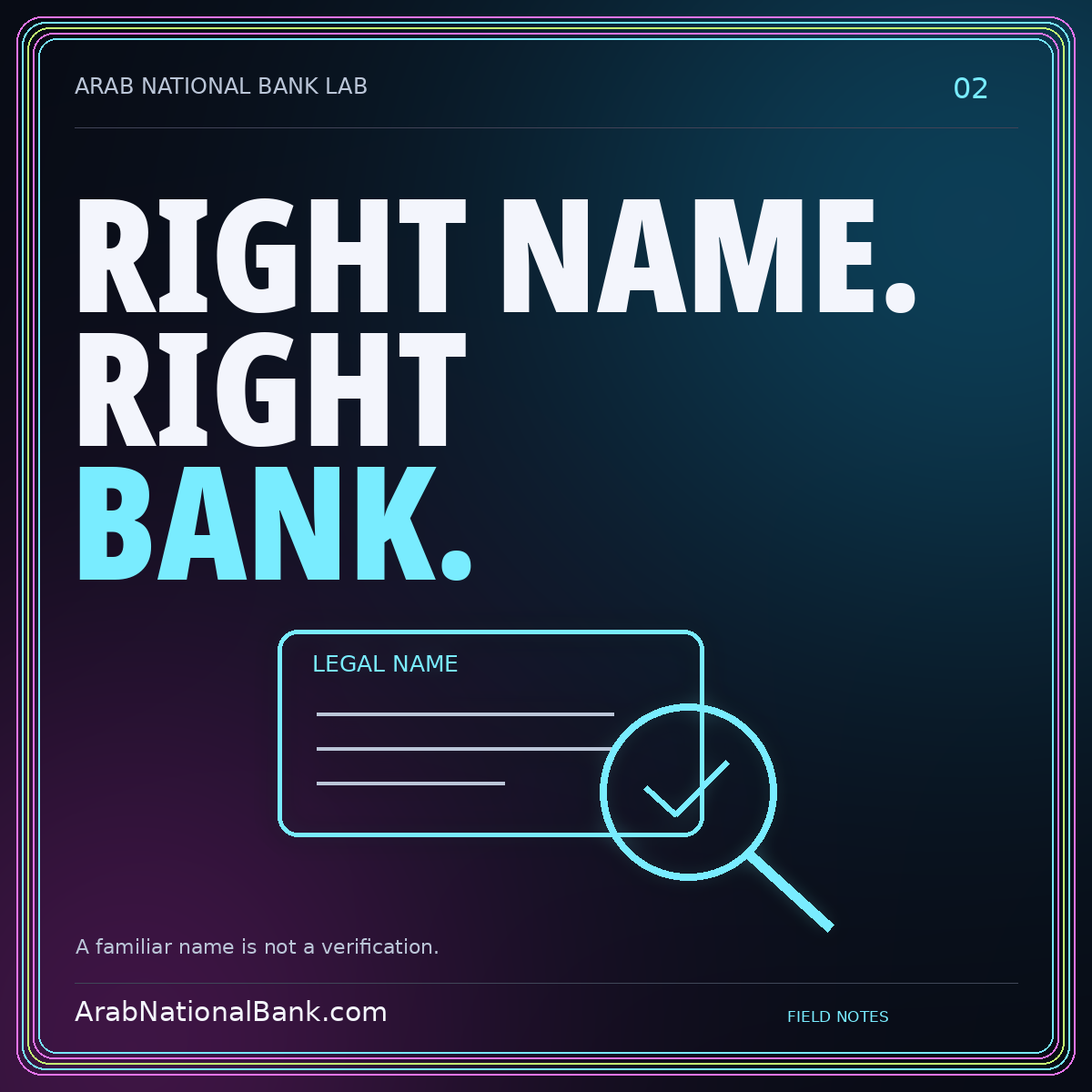 RIGHT NAME. — RIGHT — BANK. A familiar name is not a verification. ArabNationalBank.com editorial card.
