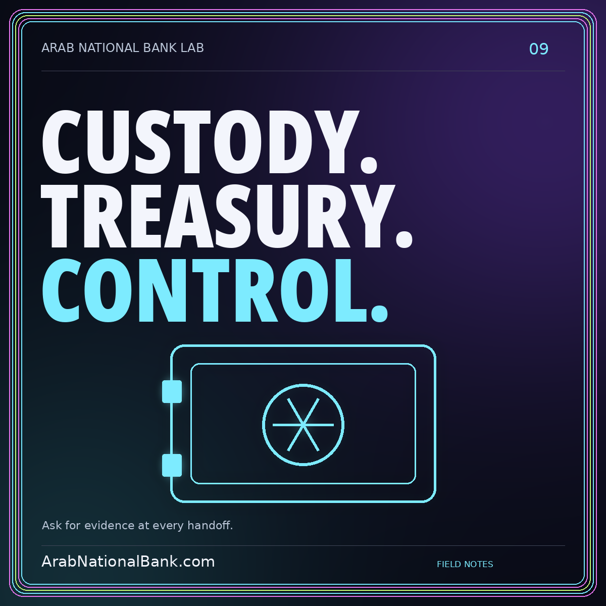 CUSTODY. — TREASURY. — CONTROL. Ask for evidence at every handoff. ArabNationalBank.com editorial card.